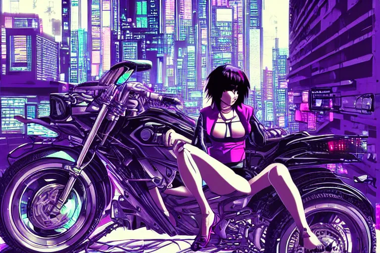 Image similar to motoko kusanagi riding a cyberpunk vehicle in a grungy cyberpunk megacity, intricate and finely detailed, cyberpunk vaporwave, by phil jimenez, ilya kuvshinov
