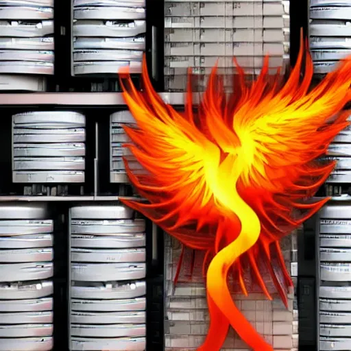 Prompt: a flaming phoenix sitting on a pile of harddisks protecting a database, 8 k, 3 5 mm