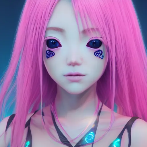 Image similar to stunningly beautiful omnipotent anime goddess with smooth porcelain skin, pink hair and mesmerizing cyan eyes, symmetrical, frog's perspective, unreal engine 5, 8 k