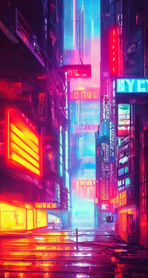Image similar to hyperrealism oil painting, cyberpunk, city, neon lights, glow, retrowave style, sunset,