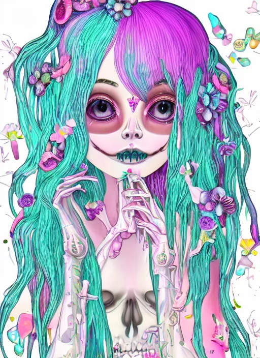 Prompt: melting anorexic pastel cute pallete slimy angelic skeleton being, decora inspired illustrations, maximalist cgi, soft lighting, early computer graphics