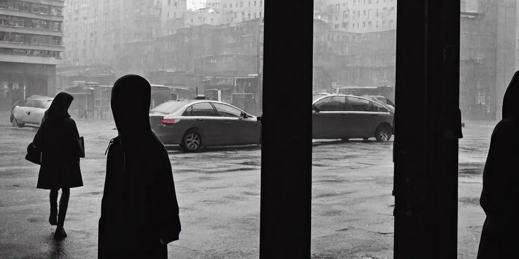 Prompt: medium shot of umbrella stall with sadie sink in hoodie. in ruined square, pedestrians on both sides. cyberpunk tenements in background : grainy b & w 1 6 mm film, still from schindler's list by steven spielberg. cinematic atmosphere, sharp face, perfect anatomy