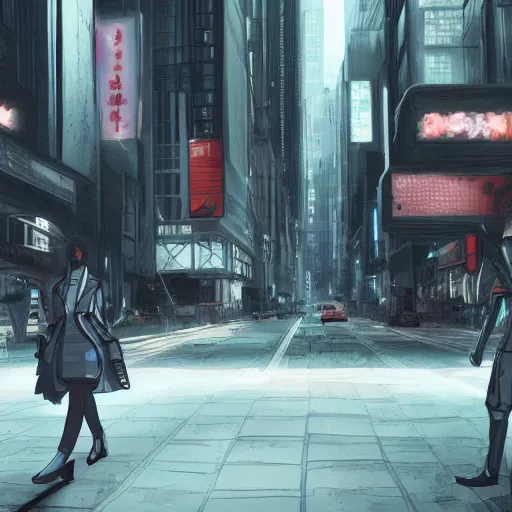 Image similar to Androids walking in a dystopic city