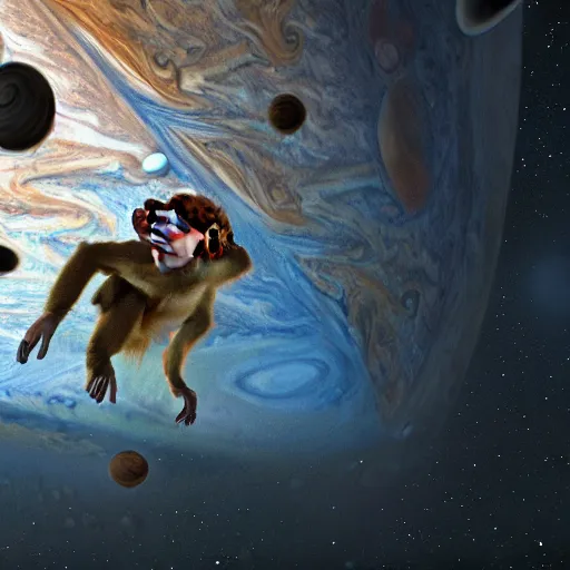 Image similar to on jupiter with monkeys using airhorns, hdr, photorealistic, epic scale, cinematic, hyper detailed 8 k.