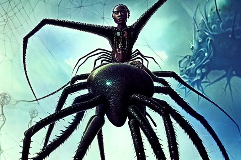 Image similar to realistic detailed closeup portrait movie shot of a beautiful black woman riding a giant spider, dystopian city landscape background by denis villeneuve, amano, yves tanguy, alphonse mucha, max ernst, ernst haeckel, edward robert hughes, roger dean, cyber necklace, rich moody colours, sci fi patterns, wide angle