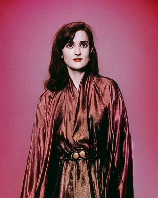 Prompt: young winona ryder wearing a futuristic metal kimono, half body portrait, greg kutkowski, sharp details, soft lighting, subsurface scattering, pearls of sweat, glistening skin, warm lighting