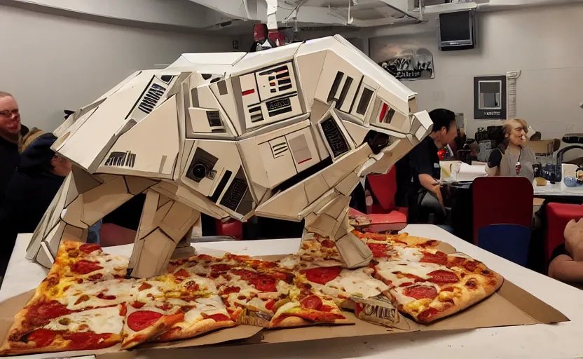 Image similar to a starwars at - at constructed from pizza