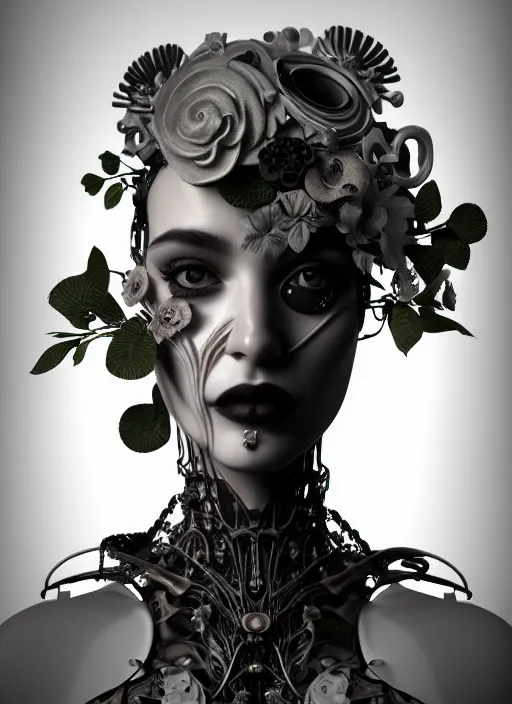 Image similar to monochrome 3 d model, biomechanical beautiful young female cyborg with porcelain profile face and a big floral eye, volumetric light, leaves foliage and stems, hibiscus flowers, boho floral vines, sinuous fine roots, fine foliage lace, alexander mcqueen, rim light, big gothic fashion pearl embroidered collar, steampunk, octane render, 8 k