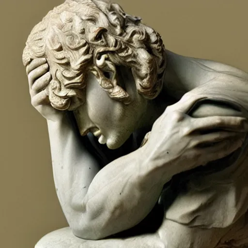 Image similar to photo of a richly detailed marble statue of a facepalming because of his slow laptop by leonardo davinci