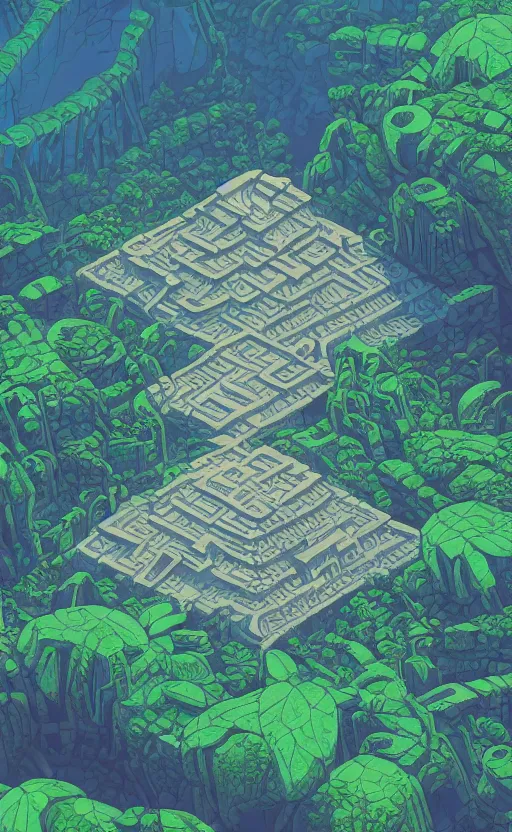 Image similar to a mayan temple, microscopic tardigrade, microbiology, flat, ruins, civilization, vegetation, large leaves, futuristic, sharp focus, electric swirls, backlight, risograph, intricate details, disney pixar, james gilleard, moebius, print, iridescent, global illumination, anime, game art