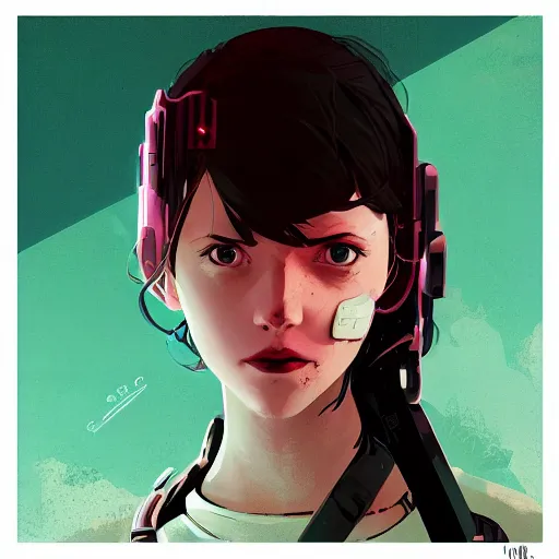 Image similar to Highly detailed portrait of a cyberpunk young lady with, freckles and wavy hair by Atey Ghailan, by Loish, by Bryan Lee O'Malley, by Cliff Chiang, by Greg Rutkowski, inspired by image comics, inspired by graphic novel cover art, inspired by nier!! Gradient color scheme ((grafitti tag brick wall background)), trending on artstation