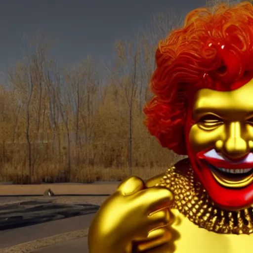 Image similar to a still of ronald mcdonald surrounded by gold and diamonds, award - winning, photograph, 3 d render, unreal engine, 4 k detailed