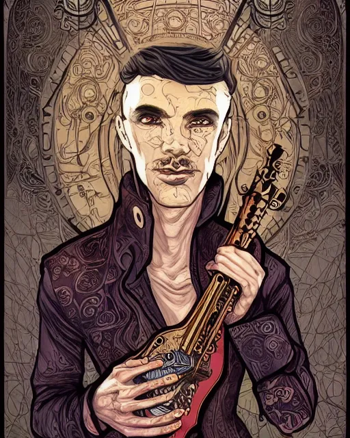 Image similar to a detailed portrait illustration of a steampunk songmage - bard. handsome male face, female body. art nouveau, pop art, comic book style. influenced by neil gaiman, h. p. lovecraft, dan mumford, brian froud, vadim voitekhovitch, killian eng, ross tran, ed emshwiller.