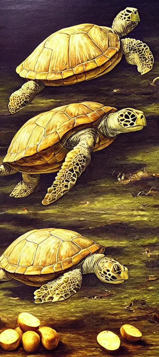 Prompt: giant turtle eating potatoes oil painting