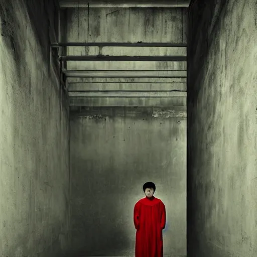 Image similar to portrait of a ghots in red clothes, staying in concrete corridor, dark, moody, by Zhang Kechun