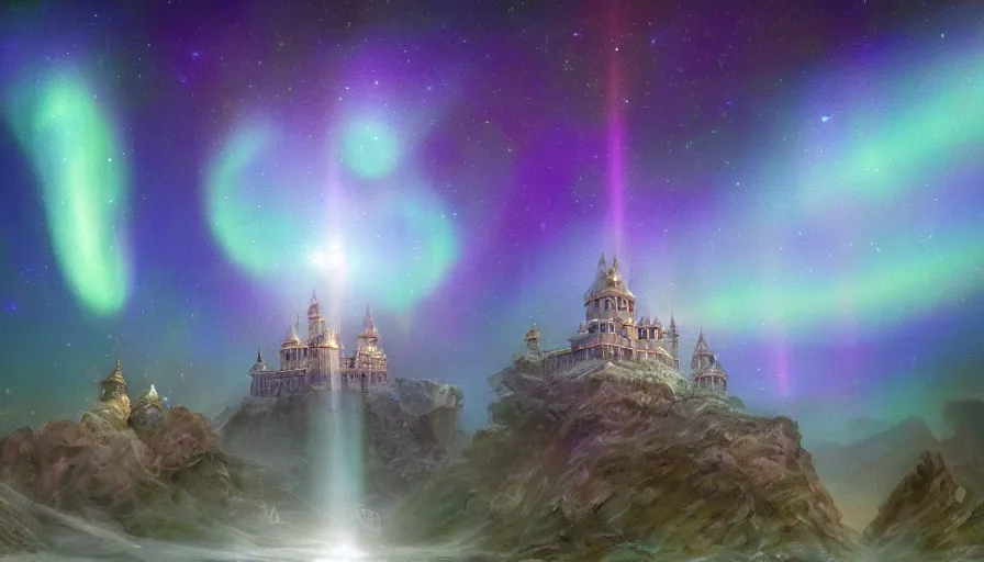 Image similar to The radiant citadel. Floating in the deep ethereal and pierced by the Auroral diamond