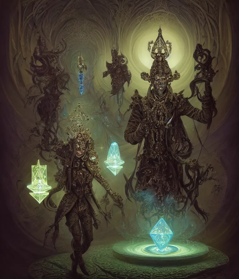 Image similar to front shot of a court jester character, hyperdimensional, bioluminescent hypercubes, dark holography!!!, (((intricate))), elegant, highly detailed, centered, (((artstation, concept art, smooth, sharp focus, artgerm, Tomasz Alen Kopera, Peter Mohrbacher, donato giancola, Joseph Christian Leyendecker, WLOP, Boris Vallejo))), mugshot!!!!!, ugly!!!!!!, octane render, nvidia raytracing demo, octane render, nvidia raytracing demo, octane render, nvidia raytracing demo, grainy, muted, 8K, digitalblasphemy, metatron