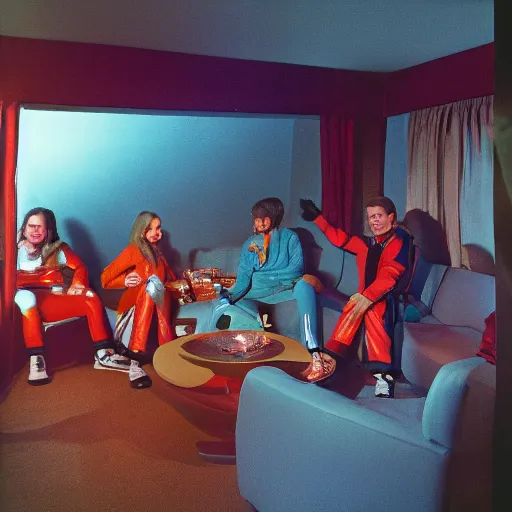 Image similar to first-person perspective view of people wearing shiny skiwear having a party inside of a 1970s luxury bungalow with a sunken living room with a square hole in the ground with fog and light-emitting, at dusk, ektachrome photograph, f8 aperture