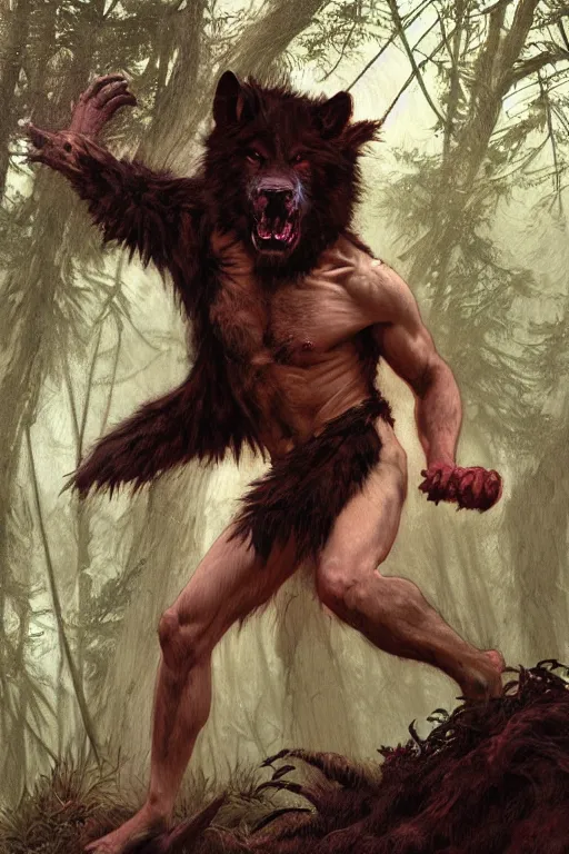 Prompt: portrait of a savage young fit male werewolf attacking, wolf head, partially male hairy torso, fur covered legs, feral scene, by greg rutkowski and alphonse mucha, d & d character, gradient red to black, in front of a forest background, highly detailed portrait, digital painting, artstation, concept art, smooth, sharp focus ilustration, artstation hq