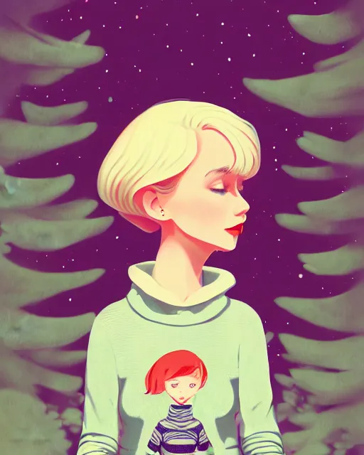 Prompt: digital illustration of pretty girl sabrina with short blonde hair wearing a sweater, from alice in wonderland, smoking, in a wonderland forest at night, by ilya kuvshinov, lois van baarle, rossdraws, basquiat