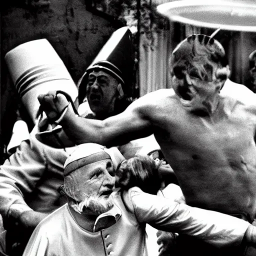 Prompt: the pope beating up a bunch of aliens, candid photography