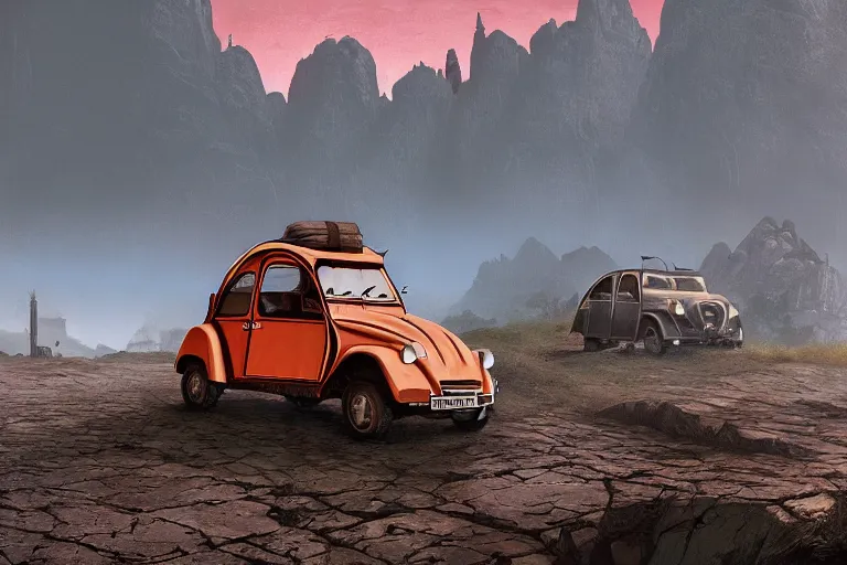 Image similar to offroad citroen 2 cv ( 1 9 6 5 ) of daedric design driving across the rift, daedric axe stored on the side of the car, leather and cloth traveller backpacks on roof, riften city in the background, epic fantasy, autumn, the elder scrolls v : skyrim, dramatic lighting, establishing shot, by simon stalenhag