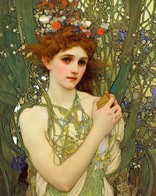 Image similar to an elf princess by Alphonse Mucha, Gustav Klimt and edgar maxence