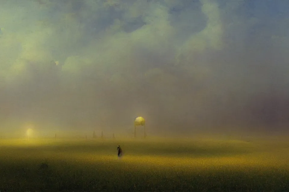 Prompt: sci-fi painting of a large alien city on the wheat fields, the closed back view of one humanoid robot on the ground, by Ivan Aivazovsky , godrays, detailed