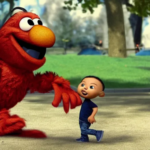 Image similar to stunning, coherent, impressive, detailed still of black a family beating up (elmo) in a fantasy dream world park, follow shot, 3d, in the style of pixar, comic book style, 3d, highly detailed, sharp focus, bokeh, depth of field, 16k resolution, Unreal Engine 5, coherent, cinematic lighting, photorealistic, by Zhang Jingna