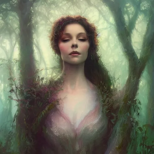 Prompt: a beautiful closeup portrait of a young vivian leigh, magical forest background, serene colors, dramatic light, gorgeous view, depth, high detail, digital art, painted by seb mckinnon and greg rutkowski, trending on artstation