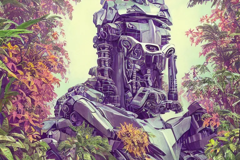 Image similar to gigantic man head, a lot of exotic vegetation around, trees, tremendous mecha robot, flowers, risograph!, oldschool vintage sci - fi flat surreal design, super - detailed, painting by jodorowski