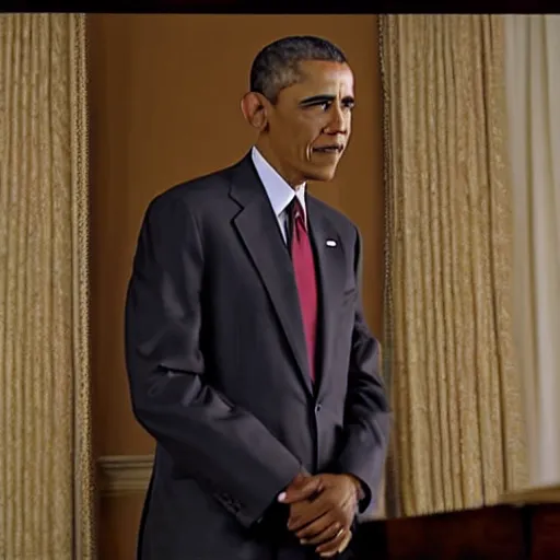 Image similar to Movie still of Barack Obama in a tan suit