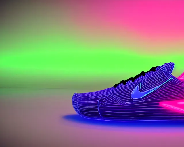 Prompt: A 3D concept desing of futuristic nike sneakers with neon lights from below, unreal engine 5