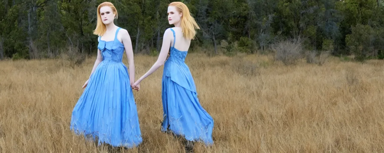 Prompt: evan rachel wood with blonde hair and a maiden blue dress in a field, old west