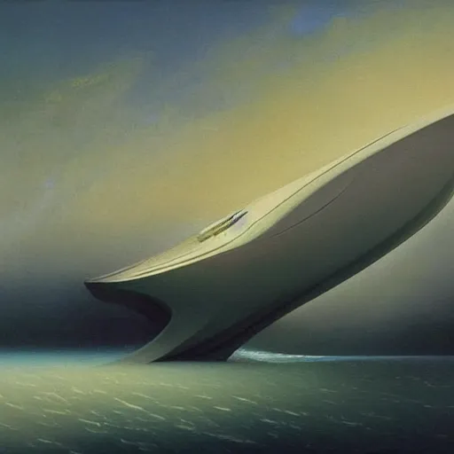 Image similar to minimalist futuristic zaha hadid spaceship painting by ivan aivazovsky