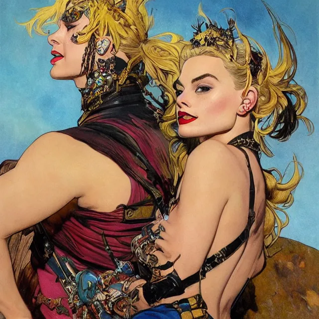 Image similar to an aesthetic!, a detailed portrait of margot robbie dressed as a leather - bound, tattooed, punk - rock princess with a flaming mohawk, by frank frazetta and alphonse mucha, oil on canvas, bright colors, art nouveau, epic composition, dungeons & dragons, fantasy art, concept art, god rays, ray tracing, crisp contour lines, huhd - 8 k
