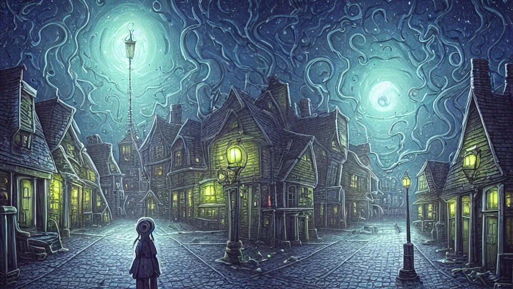 Prompt: a pickle walks in empty lovecraftian town square surrounded by houses and inns.. cthulhu statue.. lovecraftian city at night by cyril rolando and naomi okubo and dan mumford and ricardo bofill.. lovecraft.. cobbled streets.. oil lamp posts.. lovecraftian.. starry night swirly sky.