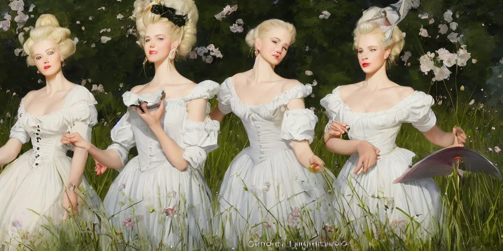 Prompt: three beautiful finnish scandinavian attractive glamour models as marie antoinette wearing 1 7 th century french off - the - shoulder neckline bodice walking in a field of grass, jodhpurs greg manchess painting by sargent and leyendecker, studio ghibli fantasy close - up shot asymmetrical intricate elegant matte painting illustration hearthstone, by greg rutkowski by greg tocchini by james gilleard