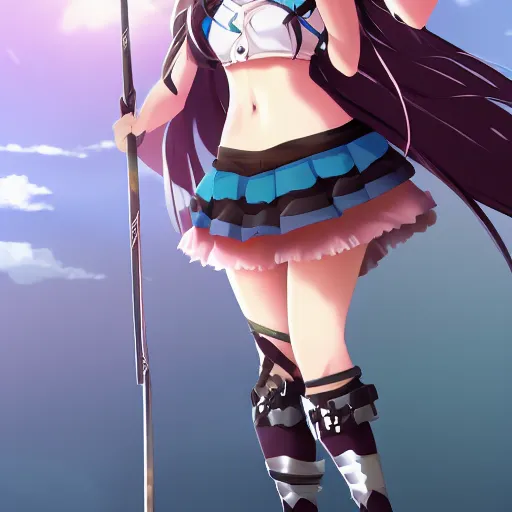 Prompt: anime girl holding a spear, action pose, highly detailed beautiful, pixiv