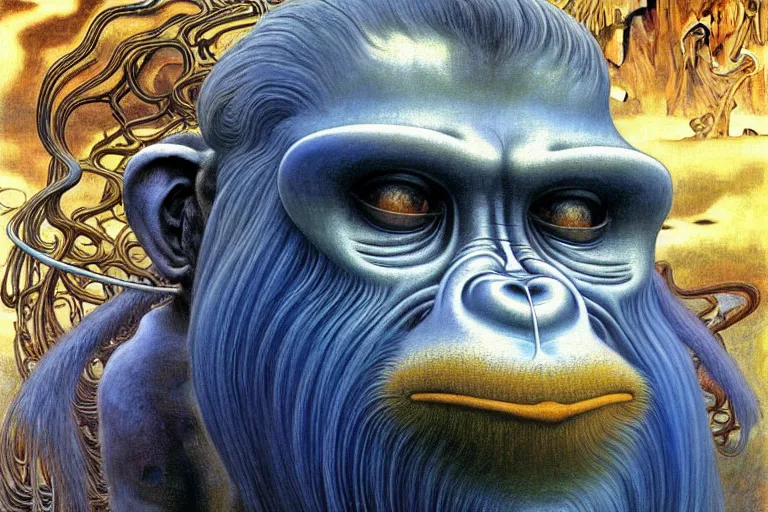 Prompt: realistic extremely detailed portrait painting of a wise ape, futuristic sci-fi landscape with a statue on background by Jean Delville, Amano, Yves Tanguy, Alphonse Mucha, Ernst Haeckel, Edward Robert Hughes, Roger Dean, rich moody colours, silver hair and beard, blue eyes