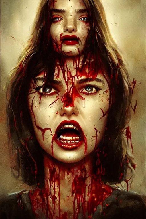 Prompt: movie poster of miranda kerr staring in a 1980 horror movie, zombie themed, by artgerm and greg rutkowski