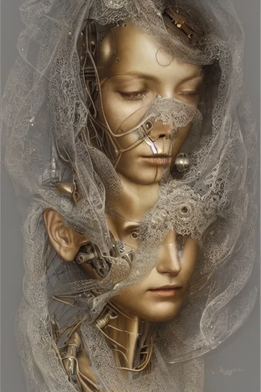 Image similar to a beautiful ultradetailed vintage photo of a veiled cybernetic cyborg, by tom bagshaw and james christensen, embroidered lace chapel veil, portrait, cybernetic implants, vignette, 3 5 mm lens, golden ratio composition, detailed face, studio photography, very detailed, humanoids, mechanical robotic armor, masterpiece!, artstation, 8 k, highly coherent