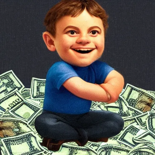 Image similar to a very small man sitting, happy on a large pile of money, brewster millions