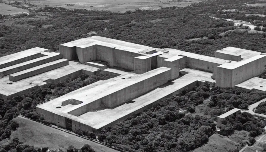 Image similar to big brutalist military base on clliffs, drawing architecture, very long shot, top angle, pritzker architecture prize