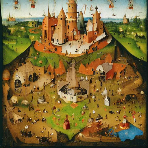 Image similar to santas village by hieronymus bosch, isometric view, whimsical, colorful,