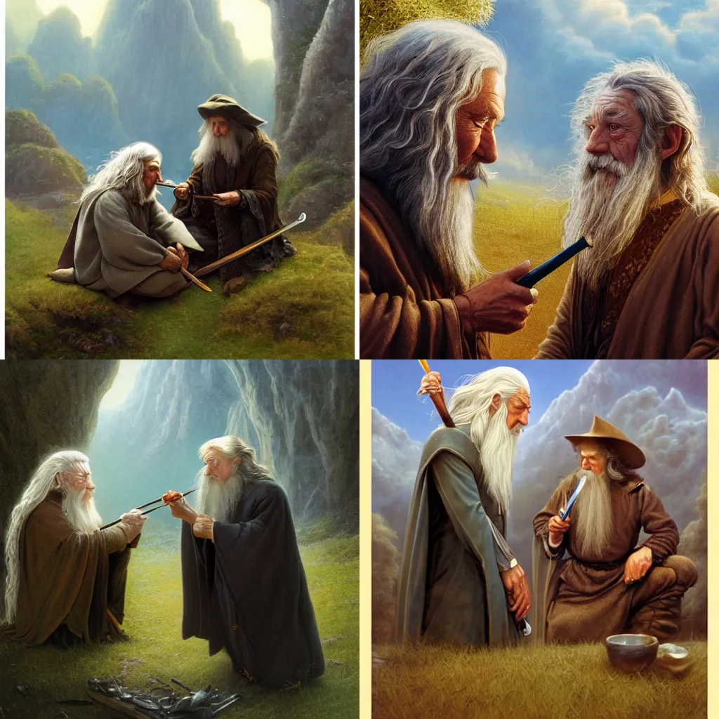 Prompt: Gandalf and Bilbo smoking pipe in the Shire, highly detailed, whimsical, fantasy style, golden layers by Don Maitz and Christophe Vacher, trending on Artstation, 4K