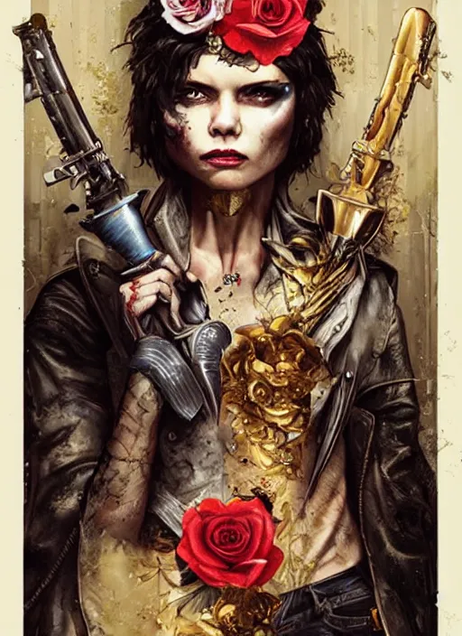 Image similar to tarot card :: horror :: hearts and roses :: gold and silver :: guns and swords :: Sandra Chevrier and bastien lecouffe deharme