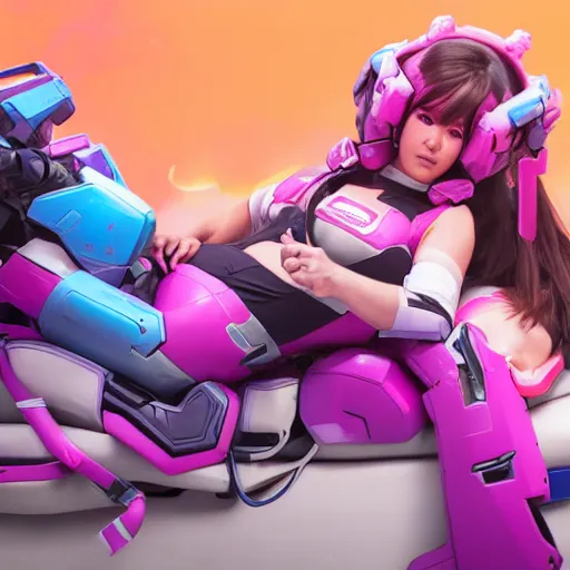 Image similar to D.Va from Overwatch taking a nap on top of her Meka