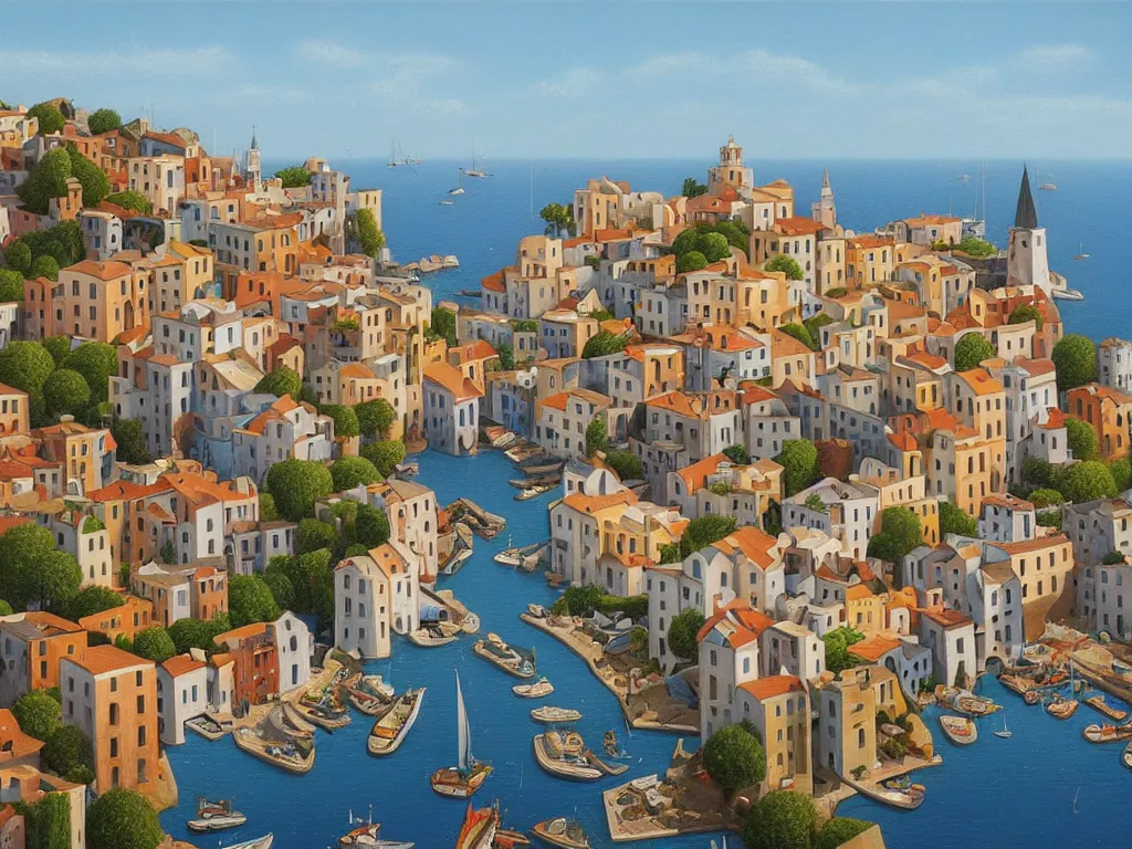 Image similar to A detailed oil painting of a beautiful Mediterranean village by Michiel Schrijver, M.C. Escher, isometric, pastel colors