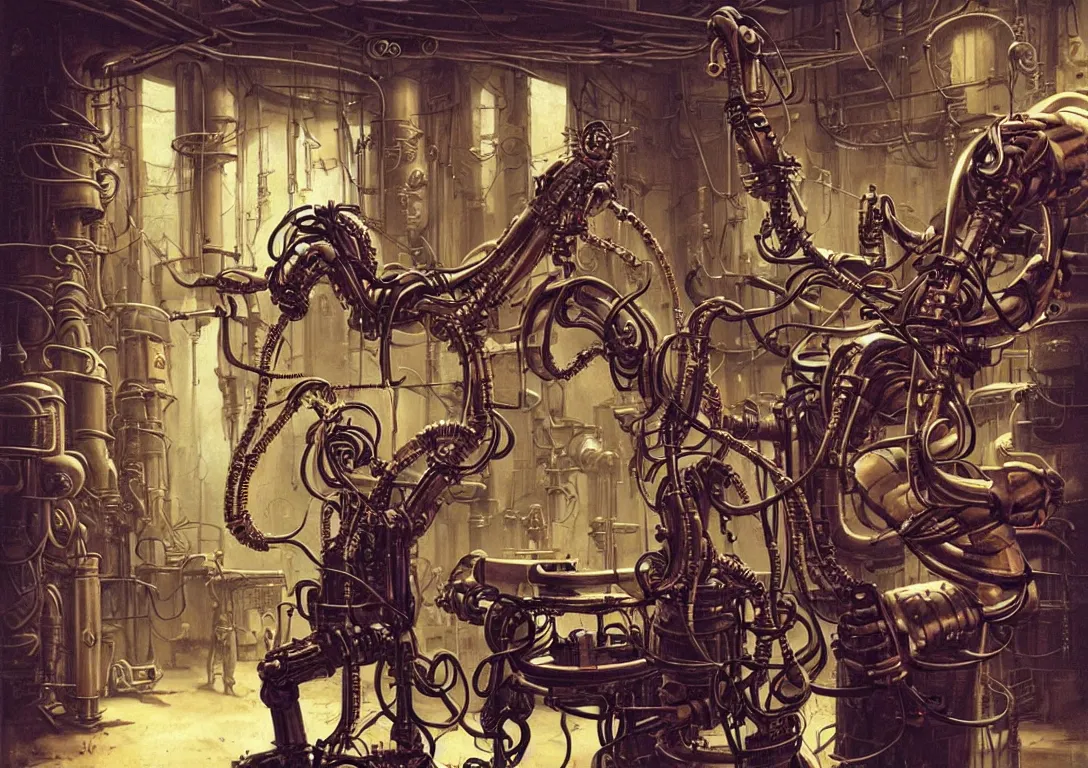 Image similar to a man in a messy steampunk workshop inspecting a futuristic robot hand in the style of wayne barlowe, dali, boris vallejo